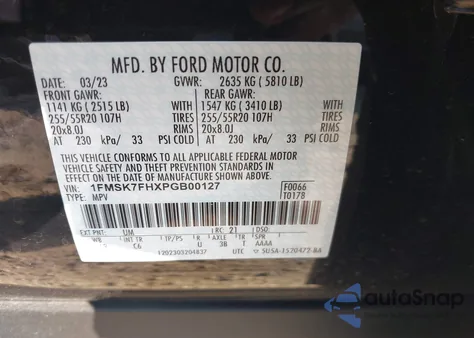 2023 Ford Explorer Limited из США, поврежденный, VIN 1FMSK7FHXPGB00127